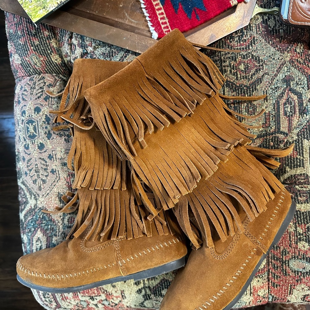 Minnetonka fringe tall moccasin boots